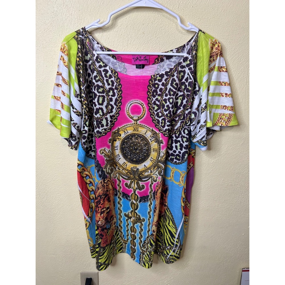 Demi Loon Womens Graphic T-Shirt Leopard Chain Clock‎ Print Pink Multi L XL NWT